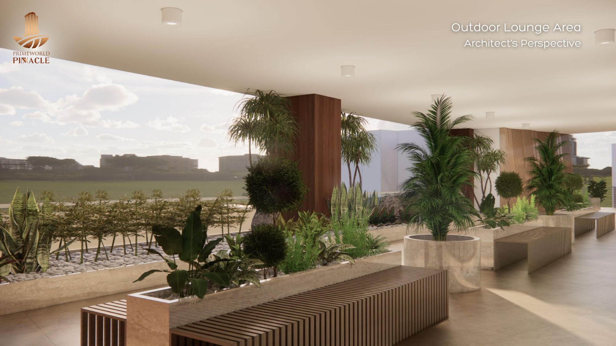 Outdoor lounge area with city views — architect's perspective